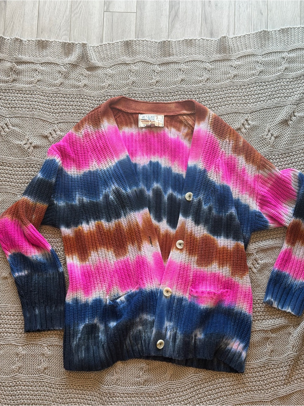 Vintage Sardine Rose Tie-Dye Chunky Cardigan Sweater - Pink, Blue, Brown